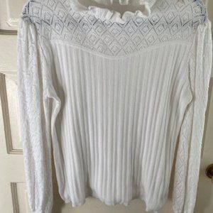 White, ruffled neck/sleeves, lace inset, cotton pullover sweater, 1X